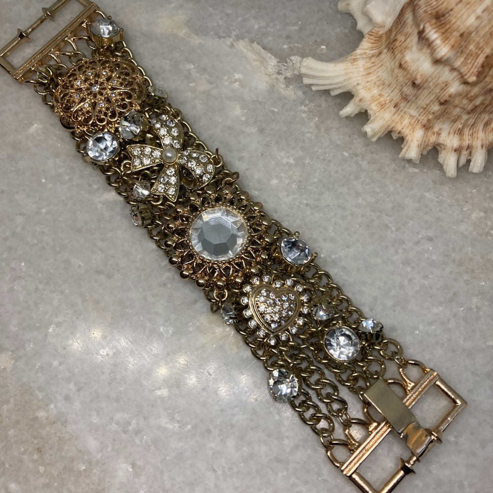 Vintage 60s Chain Clear Rhinestones Thick Gold 5 Strand Costume Bracelet 7”